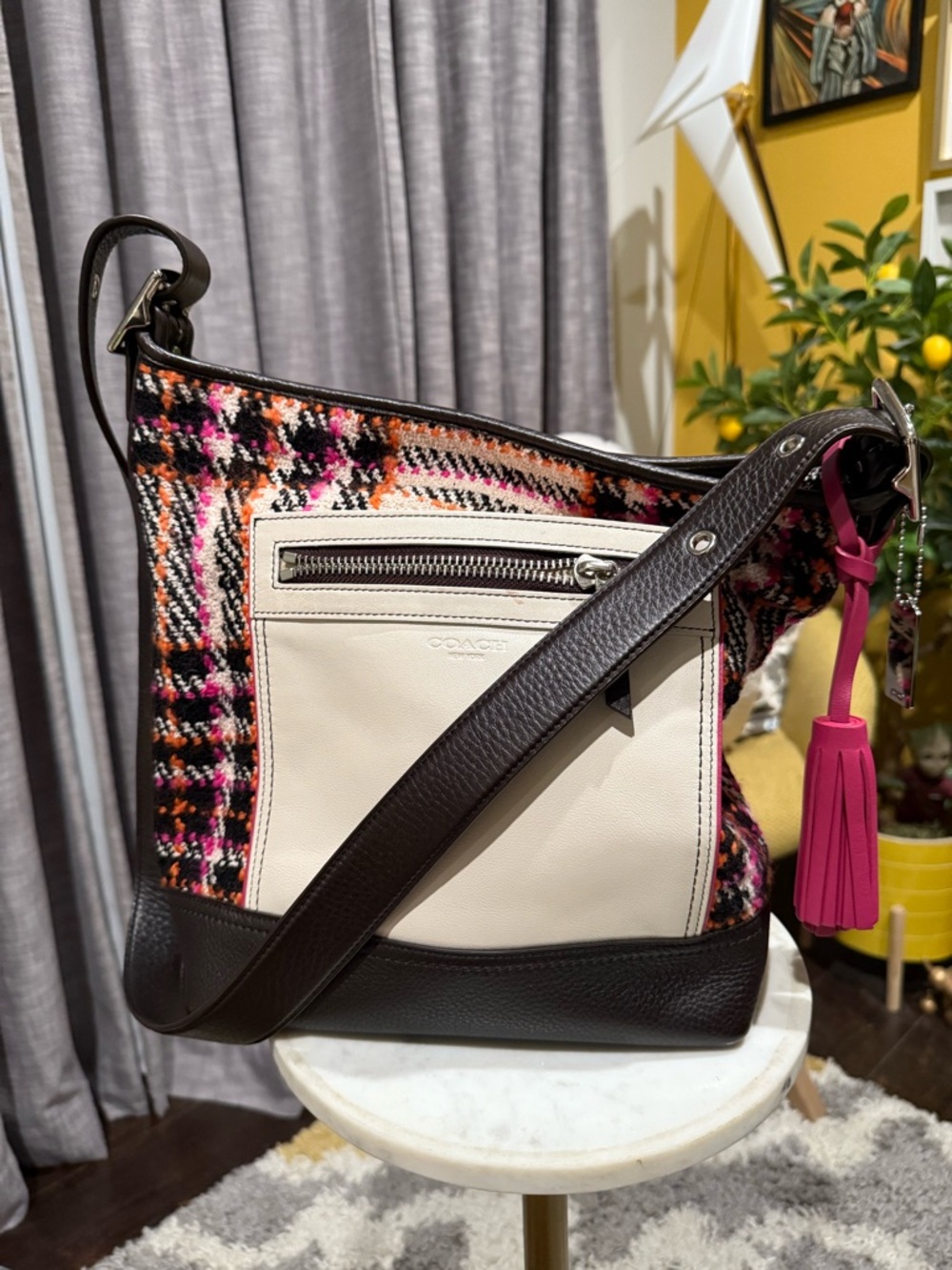 RARE COACH Multicolor Tweed/leather Tote with Cream Front Pocket and Brown Trim